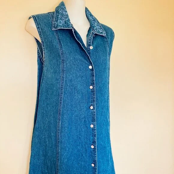 Jessica Sleeveless Denim Chambray Maxi Dress Button Front Embroidered Collar - Picture 6 of 10